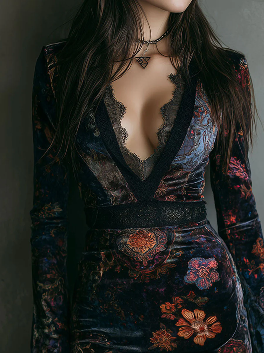 Letizia™ | Mini abito floreale in velluto con pizzo