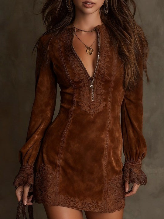 Fiorella™ | Abito mini vintage in suede con pizzo