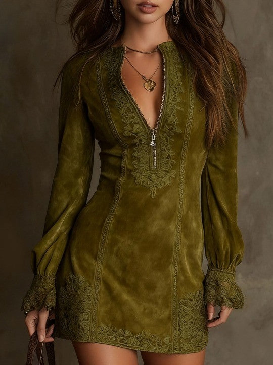 Fiorella™ | Abito mini vintage in suede con pizzo